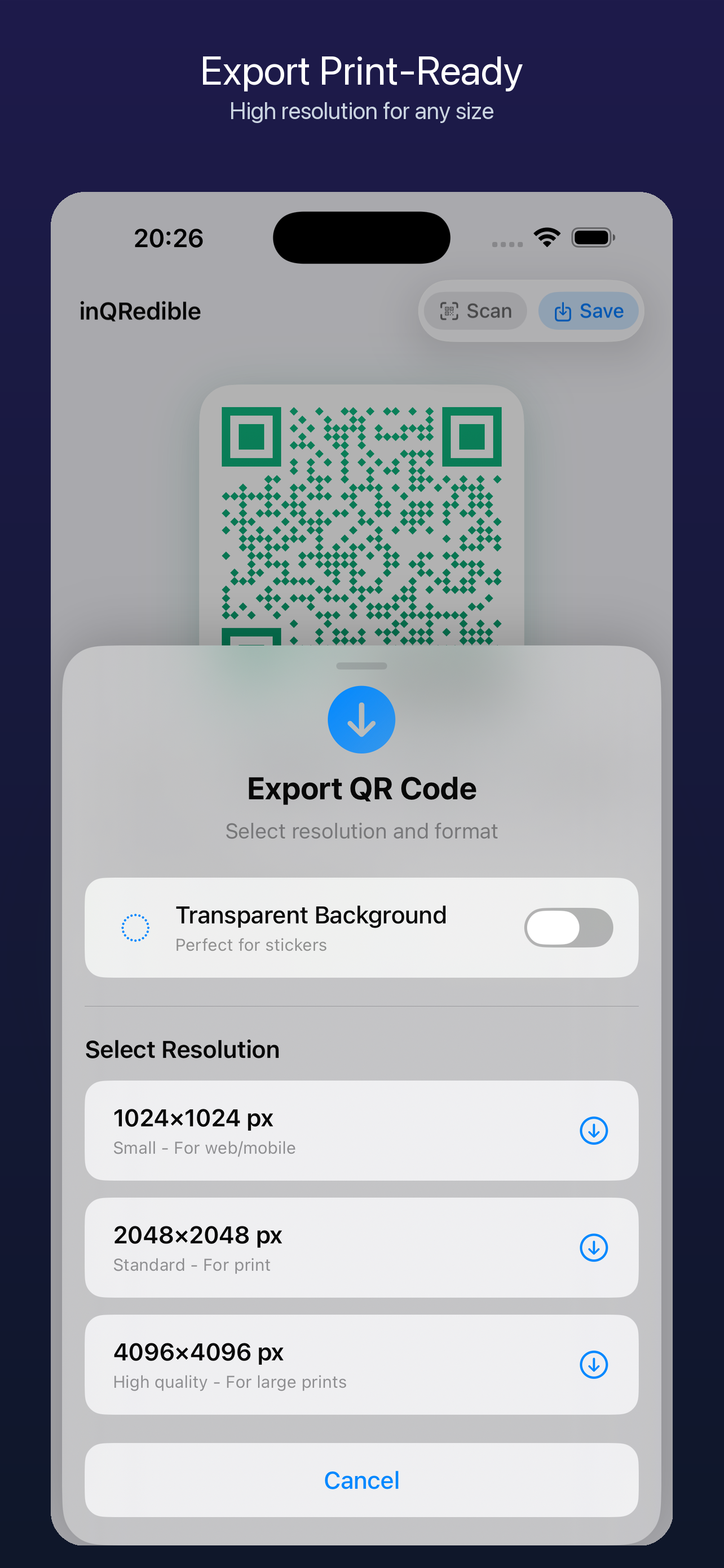 inQRedible export options