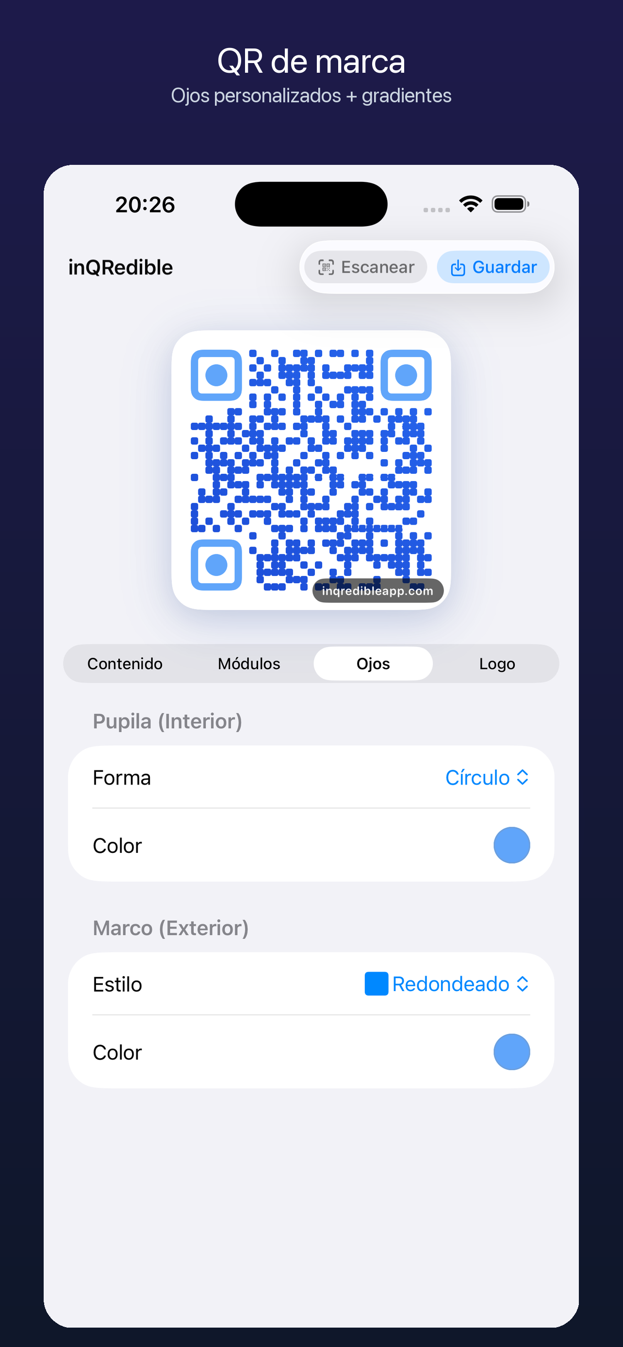 Pantalla principal de inQRedible con generador de códigos QR