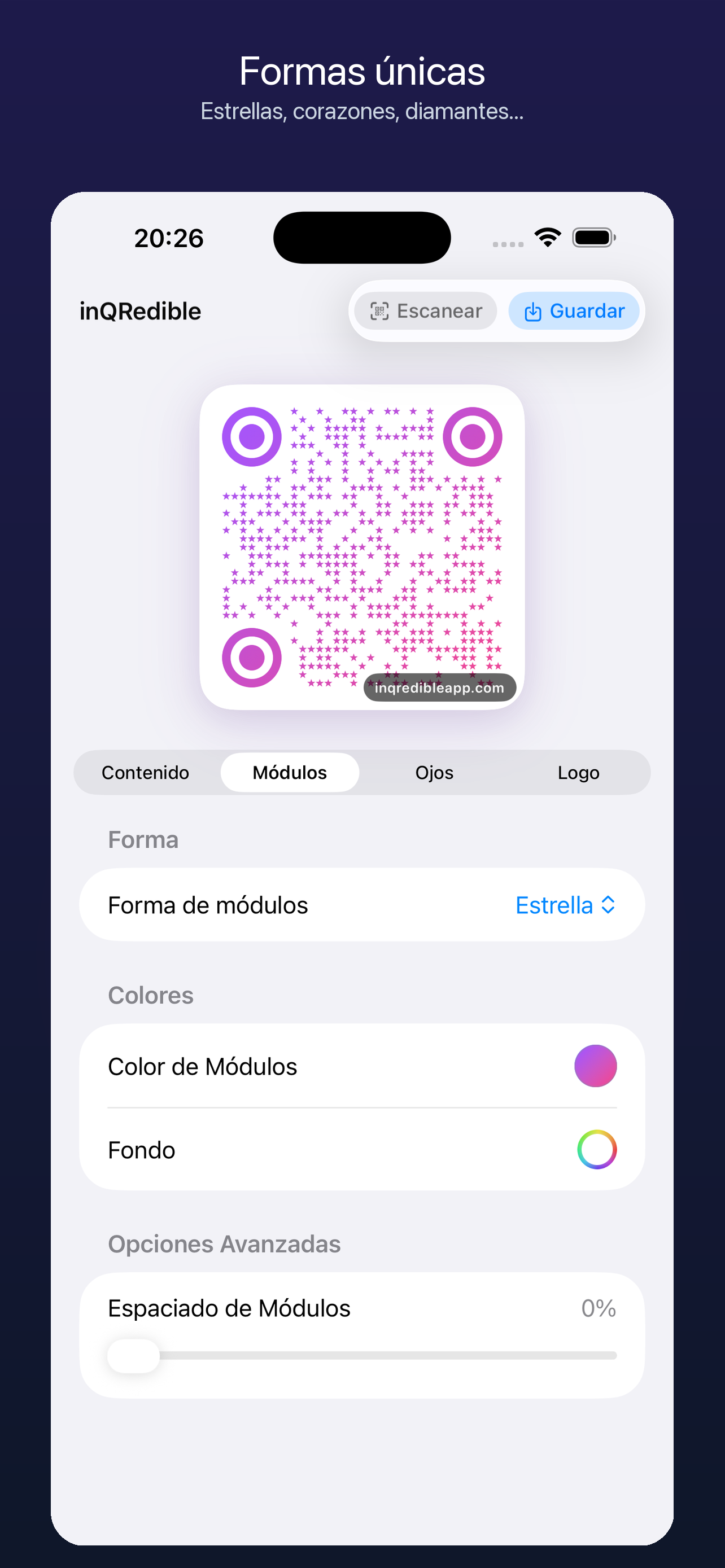 Selector de formas para códigos QR en inQRedible