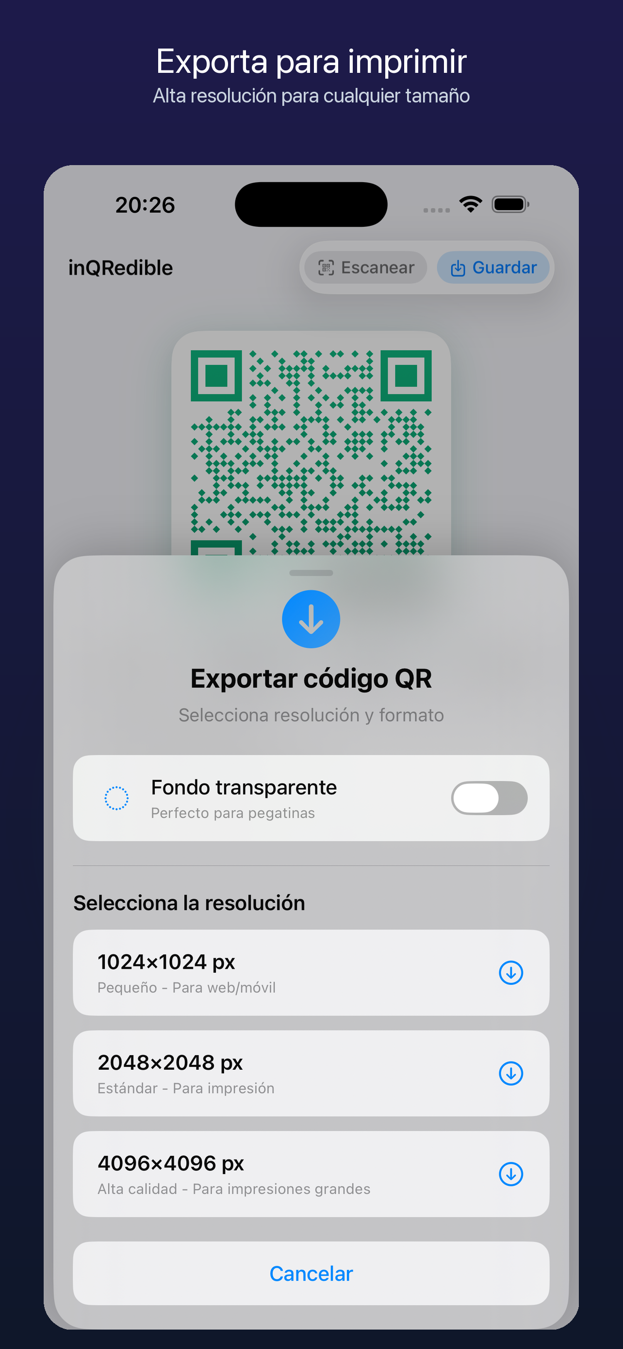 Opciones de exportación de inQRedible